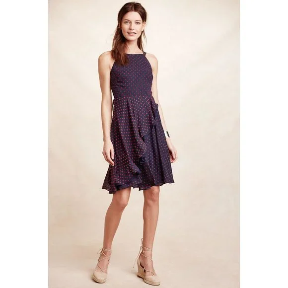 Anthropologie Eva Franco Maryanne Flounce Polka Dot Midi Dress Navy/Red - Picture 1 of 3